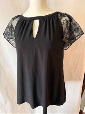 White House Black Market Black Lace Sleeve Keyhole Women's Top